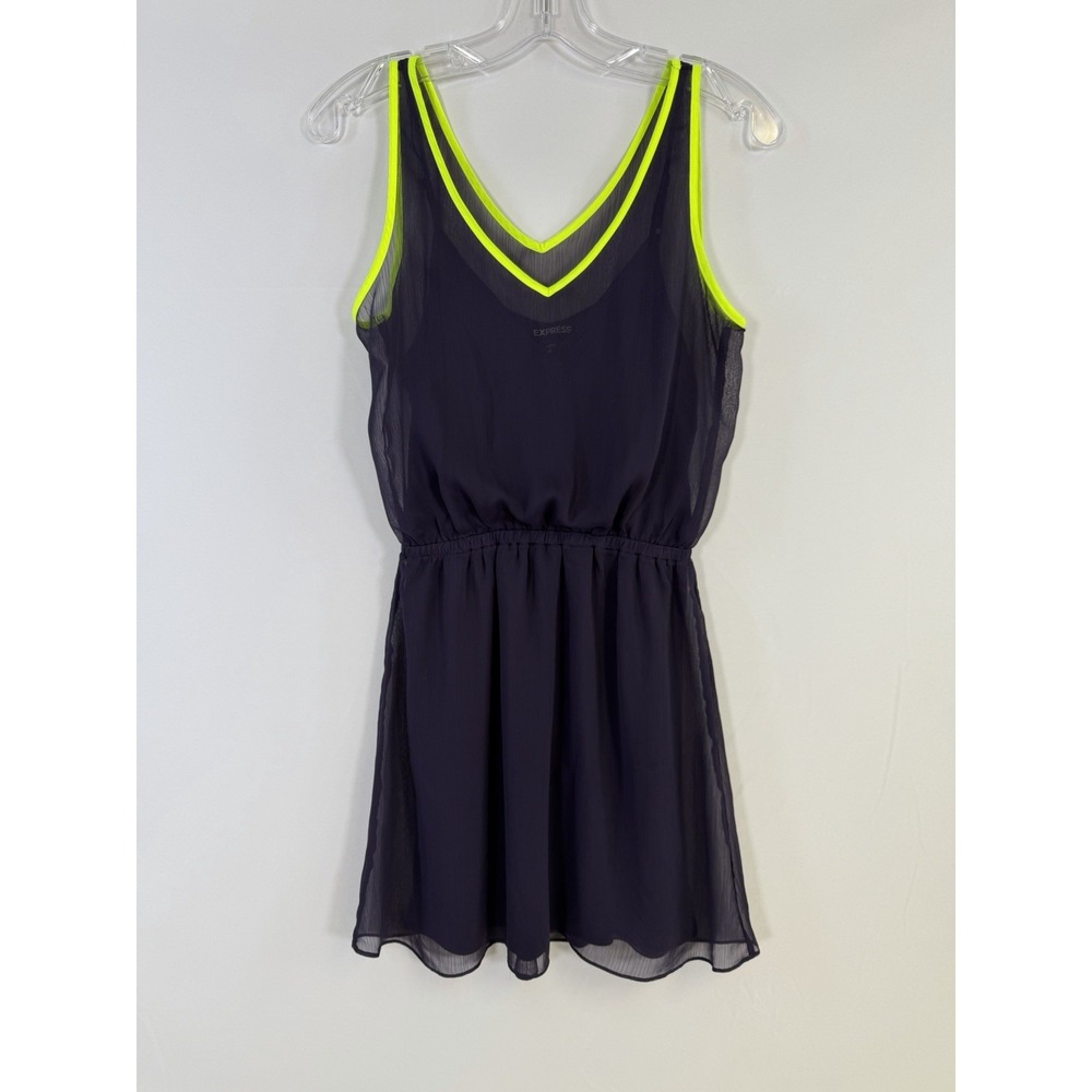 Womens Express Purple Neon Yellow V Neck Sleeveless Dress Sheer Elastic Waist Sm
